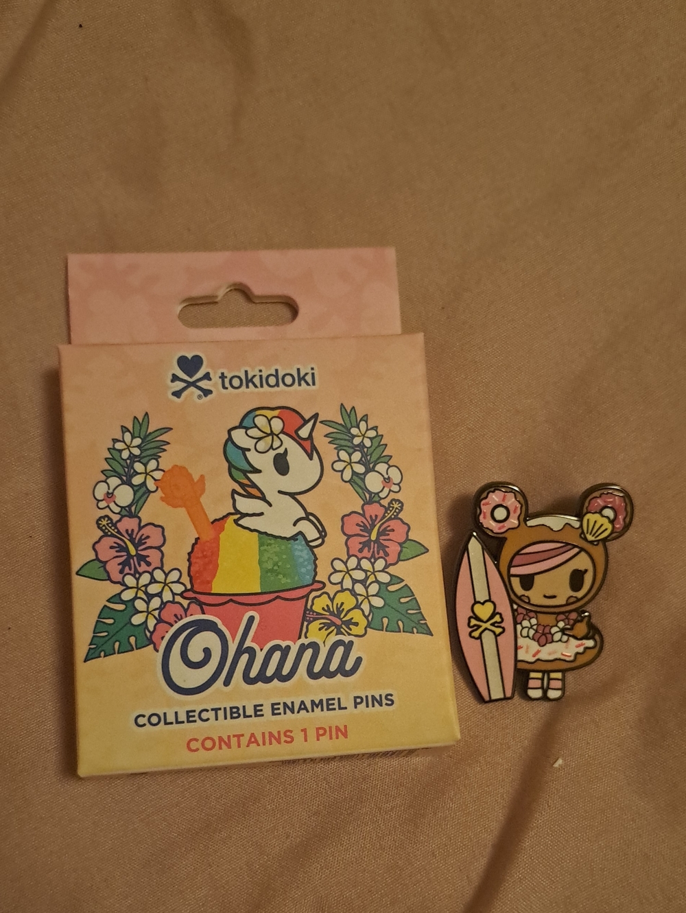 tokidoki Ohana enamel pin — pink, gold, cream, green, blue